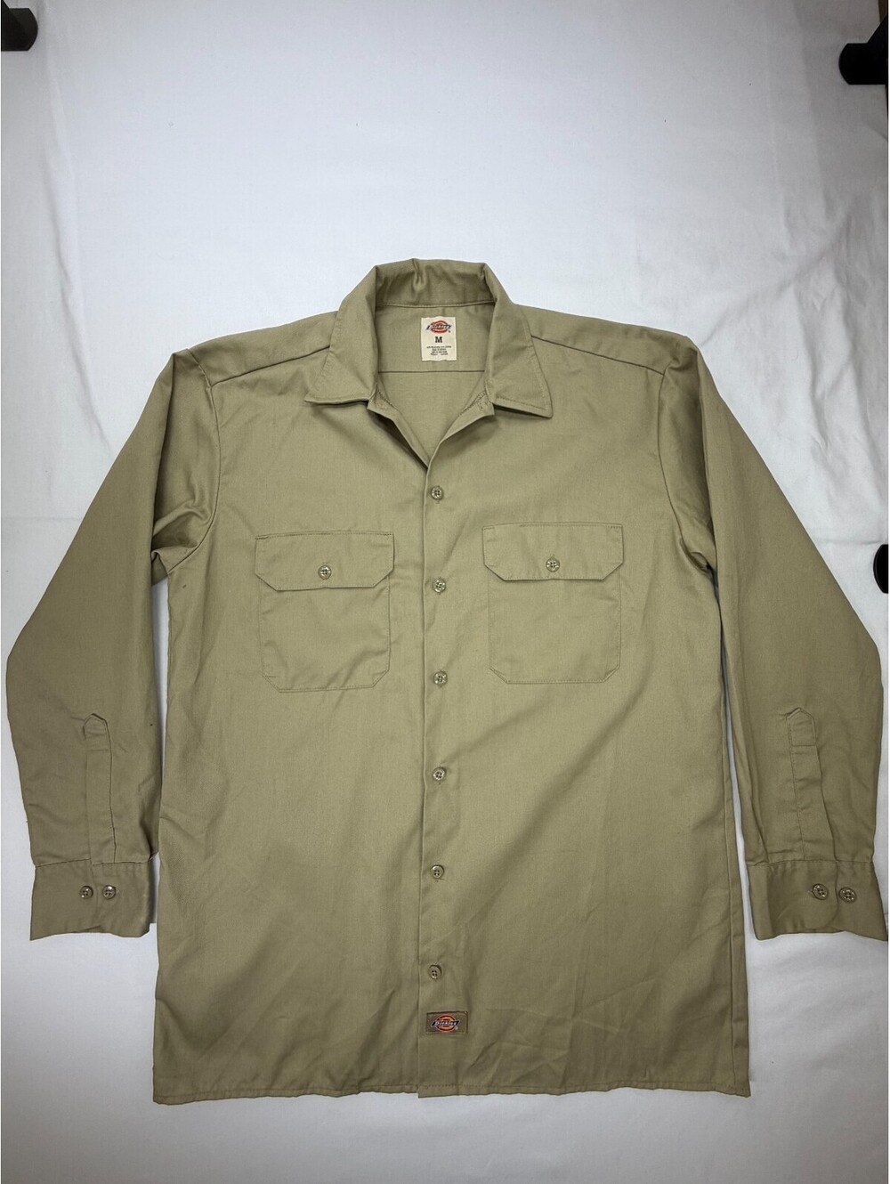 Dickies Men's Button Up Shirt Long Sleeve Chest Pocket Solid Size M Beige
